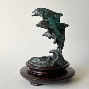 Vintage 1984 James Bud Bottoms Bronze Dolphin Sculpture Signed w/ Wooden Base